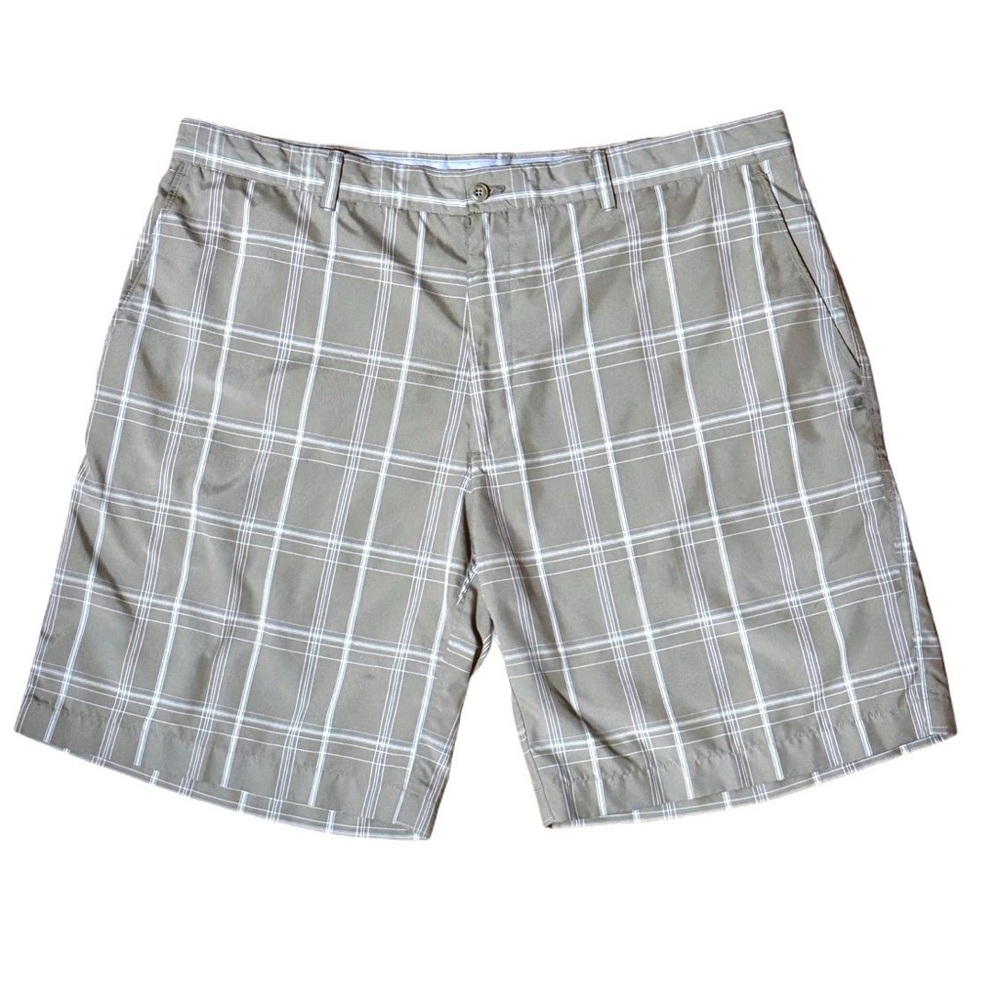 Mens Khaki Tan & White Plaid Striped Button Zip Up Summer Chino Shorts Sz 40